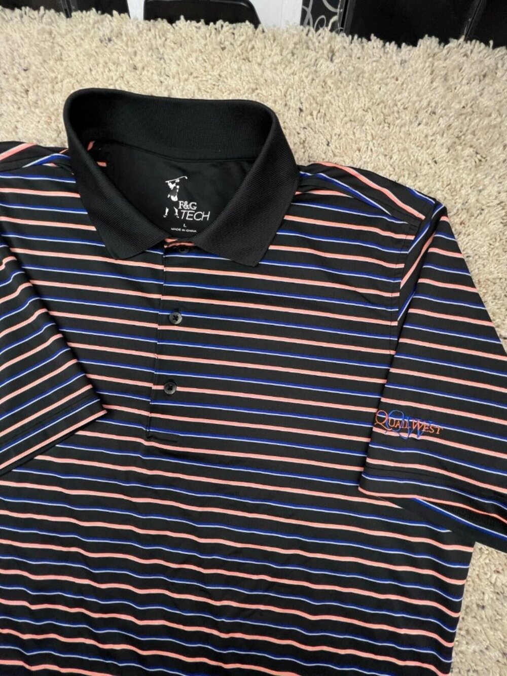 Fairway Greene Tech Polo Shirt Size Large Black Blue Orange Striped QUAIL WEST